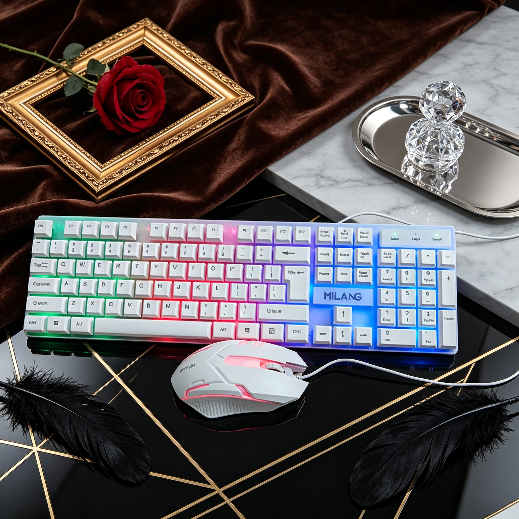 Desk Setup No Computer - Wired RGB Backlit Keyboard Mouse Set,Ergonomic