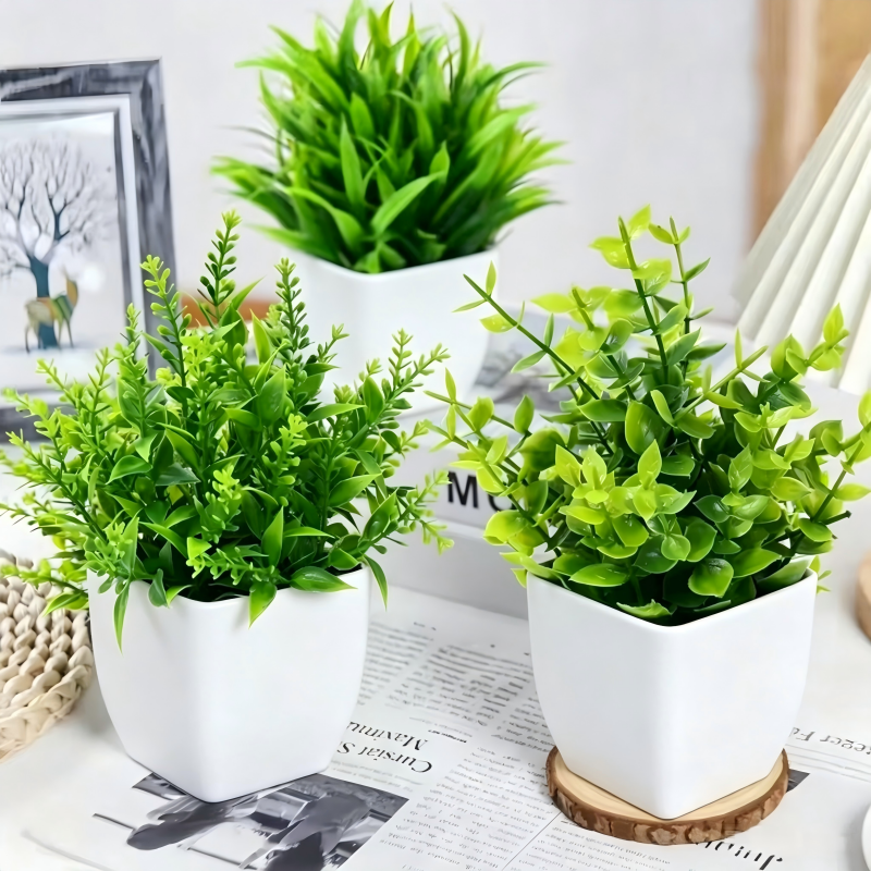 Desk Setup Shelf - Mini Artificial Potted Plants White Pot